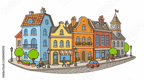 Colorful illustration of a quaint town corner with buildings, people, and a car