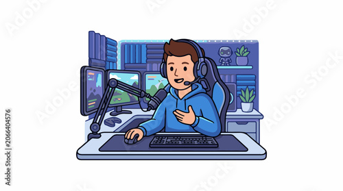 A man in a blue shirt and headset sits at a desk with computer and gaming equipment