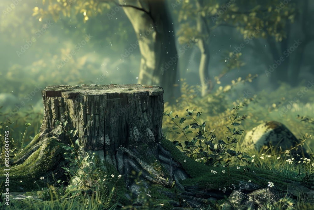 Naklejka premium Mossy tree stump bathed in soft sunlight, creating a tranquil scene in a mysterious forest