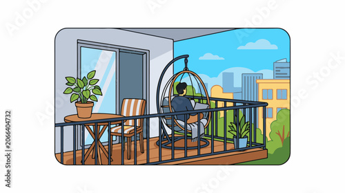 A person sitting on a balcony with a city view