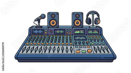 A professional audio mixing console with speakers and headphones on a white background