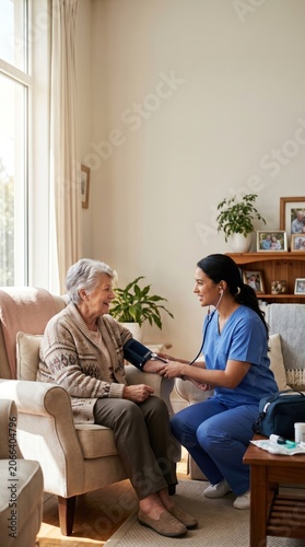 Elderly woman receiving home healthcare support with wearable health monitoring device, assisted by caregiver in a bright modern living room