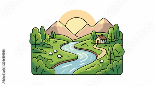 A serene landscape with a winding river, trees, sheep, and a house near mountains