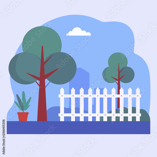 A serene landscape with a white picket fence, trees, and a potted plant under a blue sky