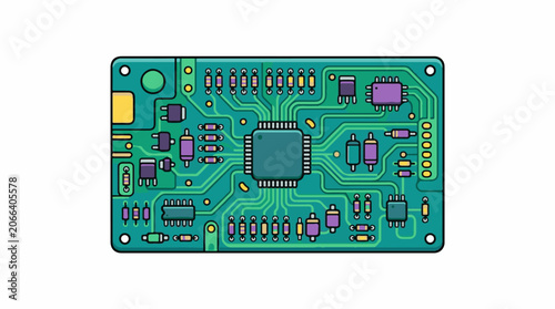 A vibrant green computer circuit board with various colorful components