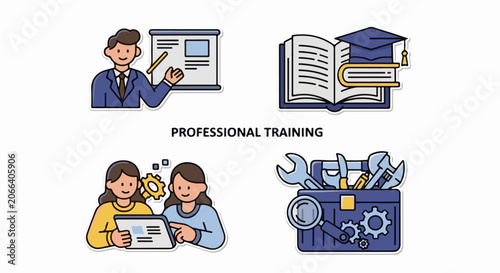 Illustration of professional training scenes with people and tools