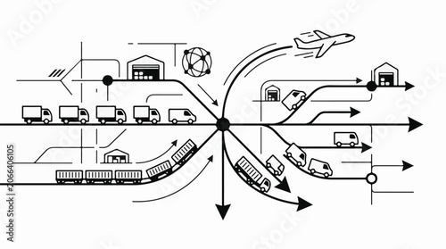A black-and-white diagram illustrating a transportation and logistics network with various vehicles and buildings