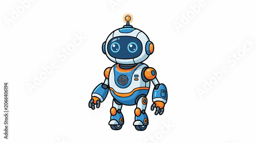 A blue, white, and orange robot with a round head and body