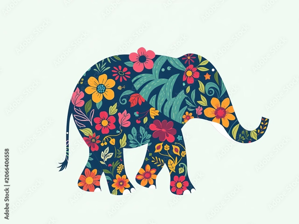 Obraz premium Floral patterned elephant with whimsical lines and gentle curves, animal, nature