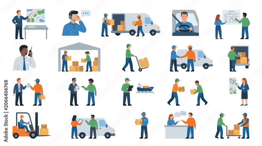 Fototapeta premium Logistics and Delivery Services: People, Vehicles, Warehouse, Icons