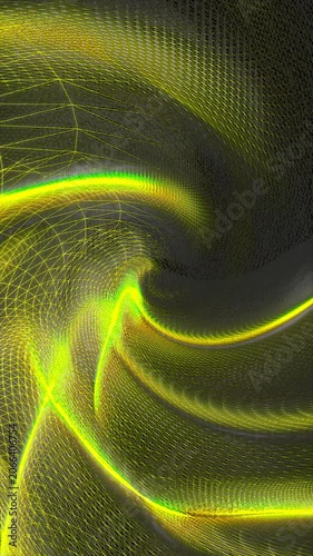 Looping motion background of glowing neon yellow and green wireframe grid swirling into a dark spiral vortex.