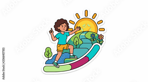 A cartoon boy stands on a rainbow-colored path with the Earth and sun behind him