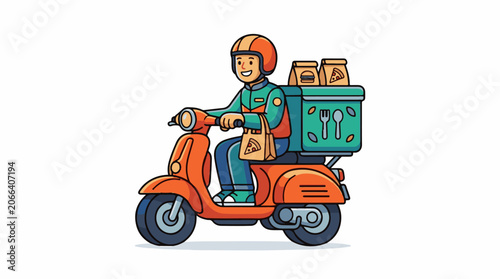 A cartoon delivery person rides an orange scooter with food (2)