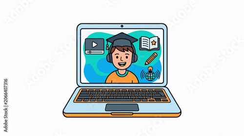 A cartoon laptop with a student wearing a graduation cap and headphones on screen
