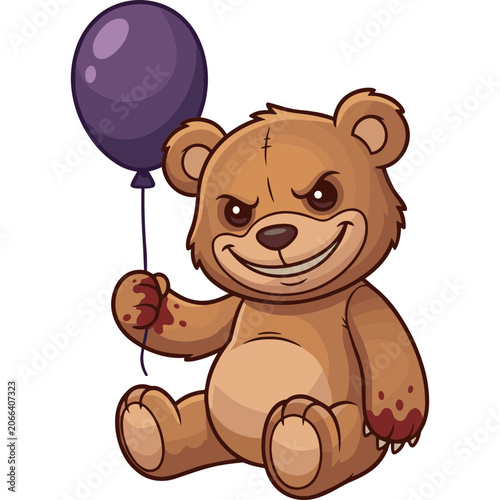 A cartoon teddy bear with a menacing expression holds a purple balloon and has blood on its paws in a dark and eerie scene.