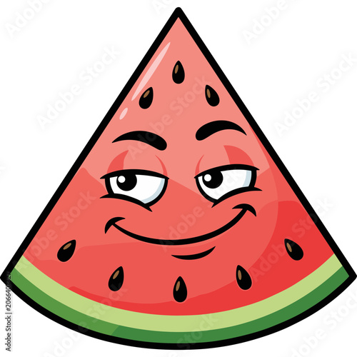 A vibrant digital illustration of a smiling  smiley watermelon emoticon  in a tropical environment with cute Graphic  