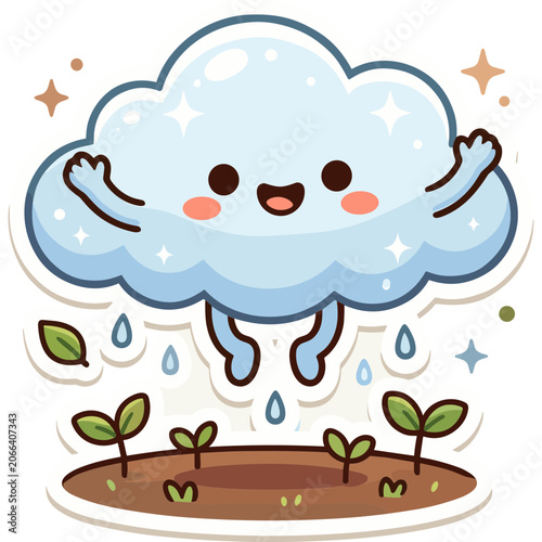 A smiling cartoon cloud rains down on green sprouts in brown soil with sparkles and stars