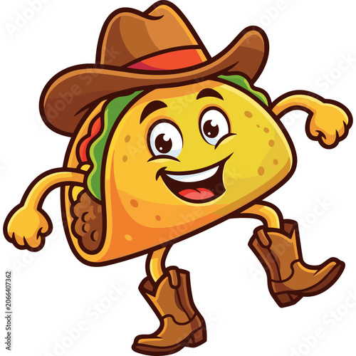 A digital illustration  illustration  taco Character  wearing  wearing a cowboy hat and hat runs with Expressed Emotions on a white background