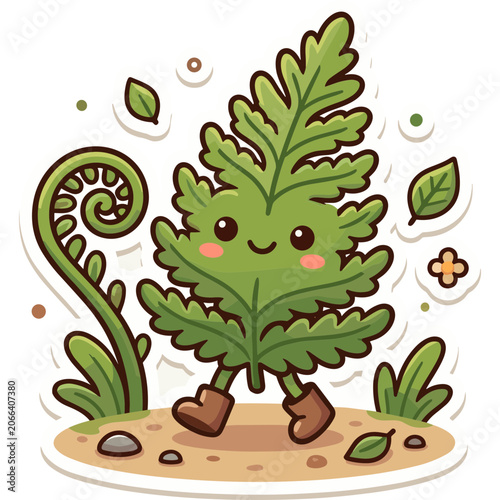 A cheerful cartoon plant illustration of a kid  smiling with brown boots dancing shoes dancing outdoors surrounded by small leaves and leaves and rocks