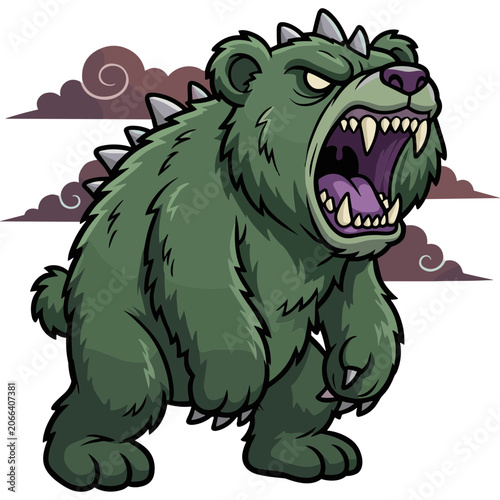 A green monster bear roars menacingly with sharp teeth and spiky back