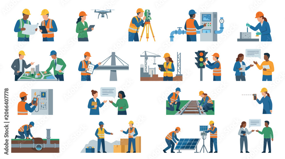 Fototapeta premium Flat Design Engineering, Construction, and Architecture Professionals Infrastructure Work Scenes Icons