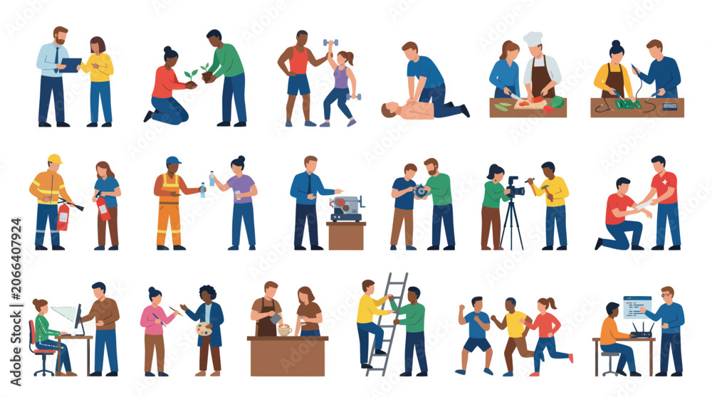 Fototapeta premium Flat Style Vector Illustrations of People in Various Professions and Activities