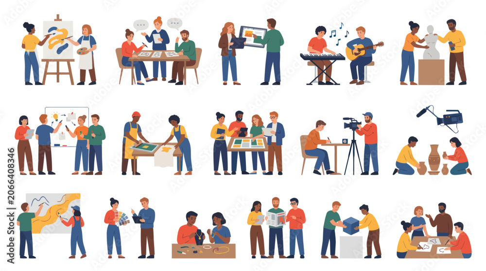 Fototapeta premium Creative Industries and Skill Development: Modern Flat Vector Illustrations of People in Workshops