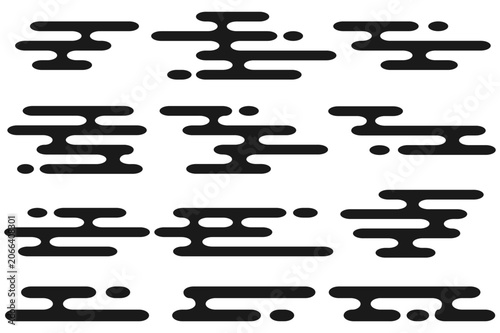 Black cloud shaped silhouettes arranged in a repeating pattern on a white background shape motif design japanese