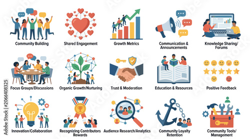 Modern Flat Vector Icons for Business, Social Media, and Community Management Concepts Set