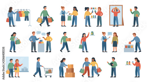 Flat Cartoon Vector Set of Shopping, Retail, and Customer Service Activities Illustrations