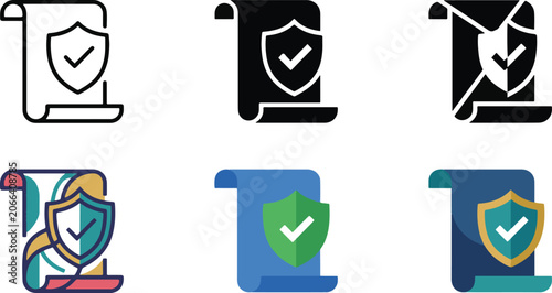 Secure document protection icon set presenting rolled paper sheets with checkmark shields illustrating legal data privacy policy and insurance guarantees