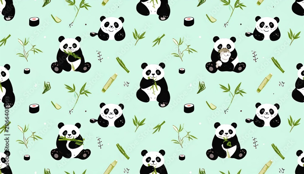 Naklejka premium Cute panda and bamboo seamless pattern on green