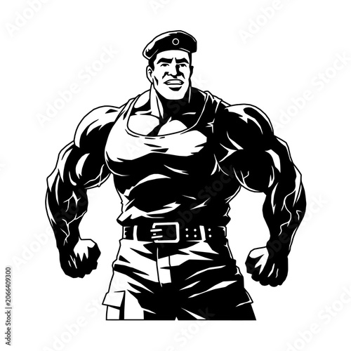 Tableau sur toile Strong muscular military man in a beret and T-shirt, logo, cartoon, illustration