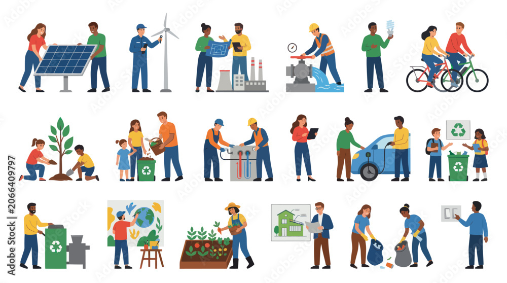 Fototapeta premium Eco-friendly living and renewable energy flat vector illustrations