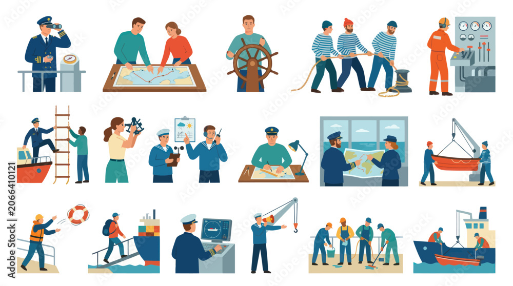 Fototapeta premium Maritime professions illustrated, depicting sailors, captains, and navy personnel in flat design