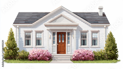 Elegant white suburban house with wooden door surrounded by greenery and pink flowering bushes in sunny daylight