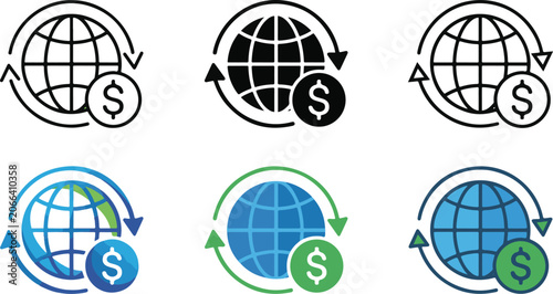 Global money transfer vector icon set featuring dollar signs and earth globes with arrows representing international banking and currency exchange transactions