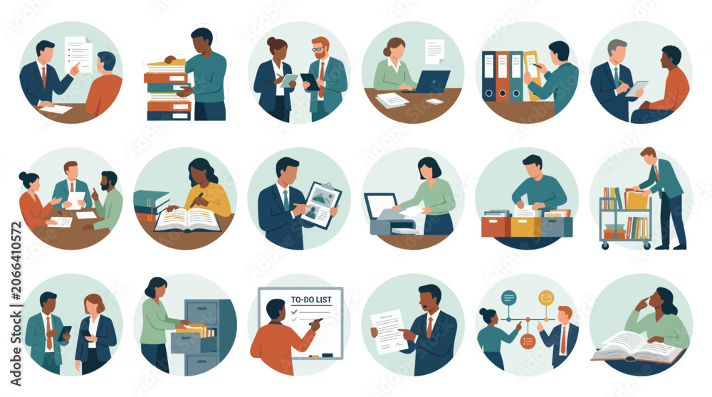 Fototapeta premium Flat Business Illustration of Office Document Management, Administration, and Workflow Concepts