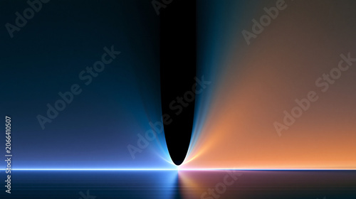 Abstract digital background featuring a vibrant blue and orange glowing light effect forming a parabolic shape reflecting on a dark sleek surface, creating a modern and futuristic atmosphere.