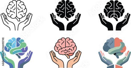 Human mind care vector asset set showing protective hands holding an anatomy brain reflecting mental health awareness intelligence and psychology