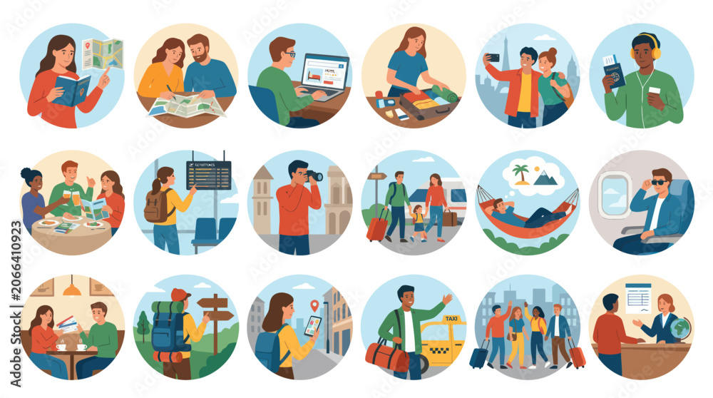 Fototapeta premium Flat Style Travel Icons: People Traveling, Vacations, Tourism, Adventures