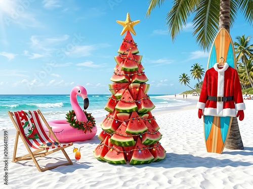 Tropical christmas tree made of watermelon slices on a sunny beach