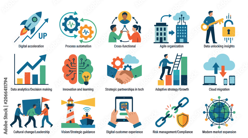 Fototapeta premium Business Icons: Digital Transformation, Strategy, Growth Technology Concepts