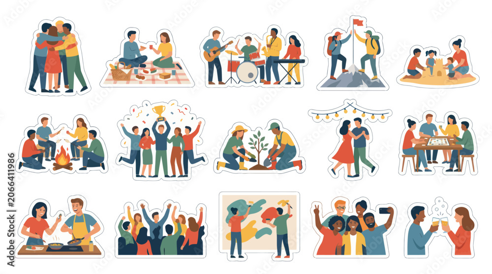 Fototapeta premium Happy Friends Celebrating Together, Picnic, Music, Sports, Outdoor Activities Flat Illustrations