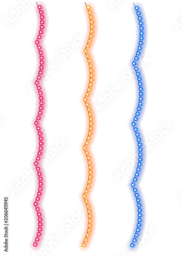 Three vertical wavy lines made of small circles in pink, orange, and blue colors