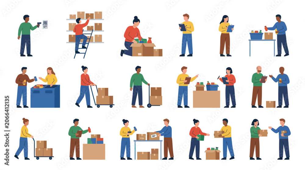Fototapeta premium Flat Vector Illustration: Logistics, E-commerce, and Warehouse Operations with People Handling Packages