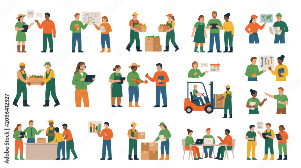 Fototapeta premium Flat Vector Illustrations of People in Food Supply Chain, Agriculture, Logistics, and Farming Business