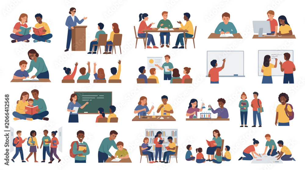 Fototapeta premium Diverse People Learning and Teaching in Flat Vector Education Illustration Set: School, Students, Teachers, Classroom