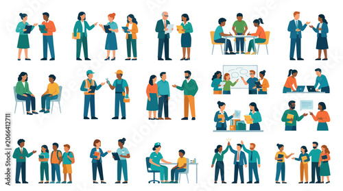 Diverse People in Business Meeting, Office, Education, Healthcare  Construction Flat Illustrations
