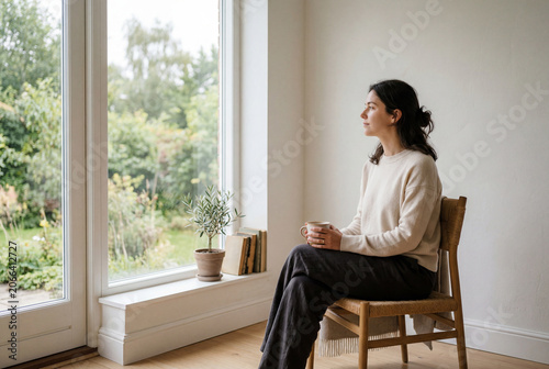 Persona seduta vicino alla finestra con una tazza tra le mani. Un momento di calma che evoca mindfulness, gestione dello stress e benessere mentale in un ambiente sereno.